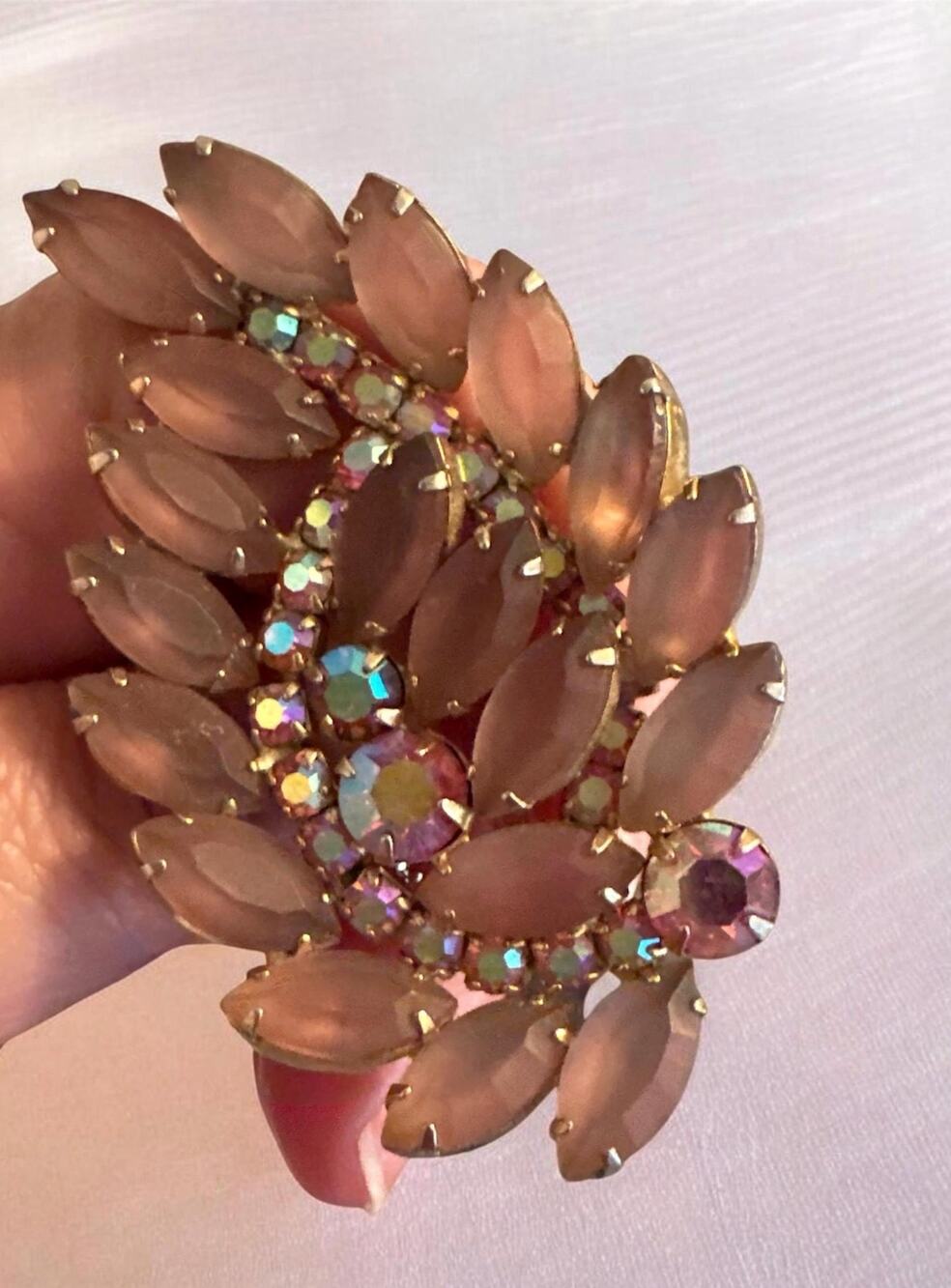 Frosted Mauve Leaf Brooch | Pink AB Crystal Statement Pin | 1960s Unsigned